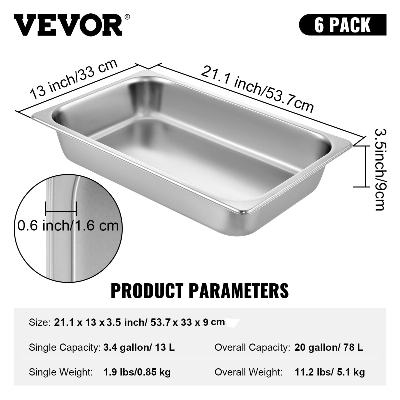 VEVOR 6 Pack Steam Table Pans 20.9 x 12.8 x 3.9 Inch Deep Steam Table Pan Full Size 13L Deep Food Container Stainless Steel Oven Tray Hotel Pans Anti-Jam Steam Table Food Pan 