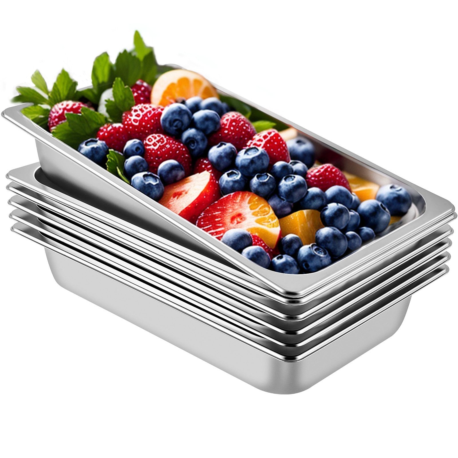 VEVOR 6 Pack Steam Table Pans 20.9 x 12.8 x 3.9 Inch Deep Steam Table Pan Full Size 13L Deep Food Container Stainless Steel Oven Tray Hotel Pans Anti-Jam Steam Table Food Pan 