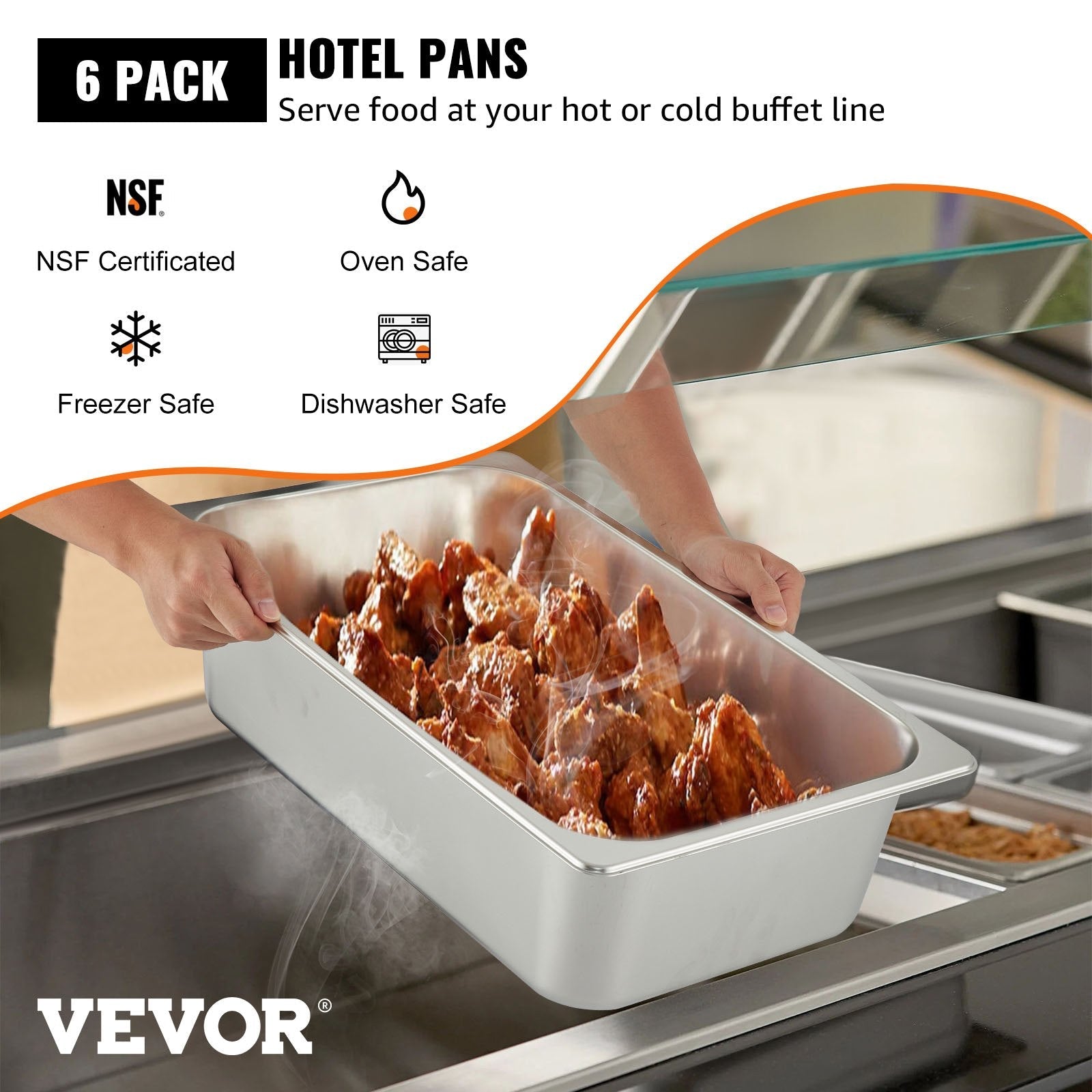 VEVOR 6 Pack Steam Table Pans 20.9 x 12.8 x 5.9 Inch Deep Steam Table Pan Full Size 20.5L Deep Food Container Stainless Steel Oven Tray Hotel Pans Anti-Jam Steam Table Food Pan 
