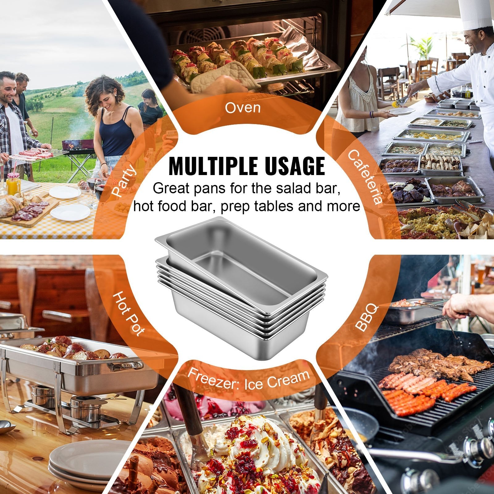 VEVOR 6 Pack Steam Table Pans 20.9 x 12.8 x 5.9 Inch Deep Steam Table Pan Full Size 20.5L Deep Food Container Stainless Steel Oven Tray Hotel Pans Anti-Jam Steam Table Food Pan 