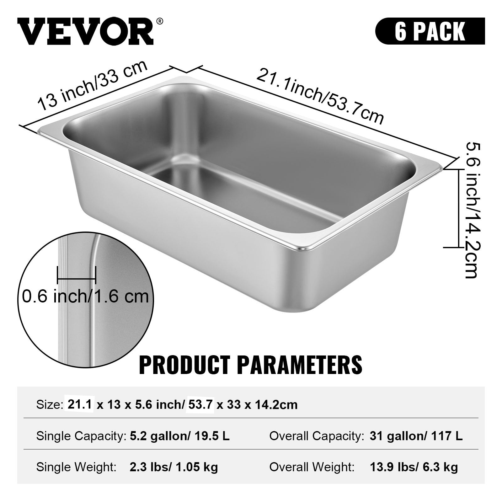 VEVOR 6 Pack Steam Table Pans 20.9 x 12.8 x 5.9 Inch Deep Steam Table Pan Full Size 20.5L Deep Food Container Stainless Steel Oven Tray Hotel Pans Anti-Jam Steam Table Food Pan 