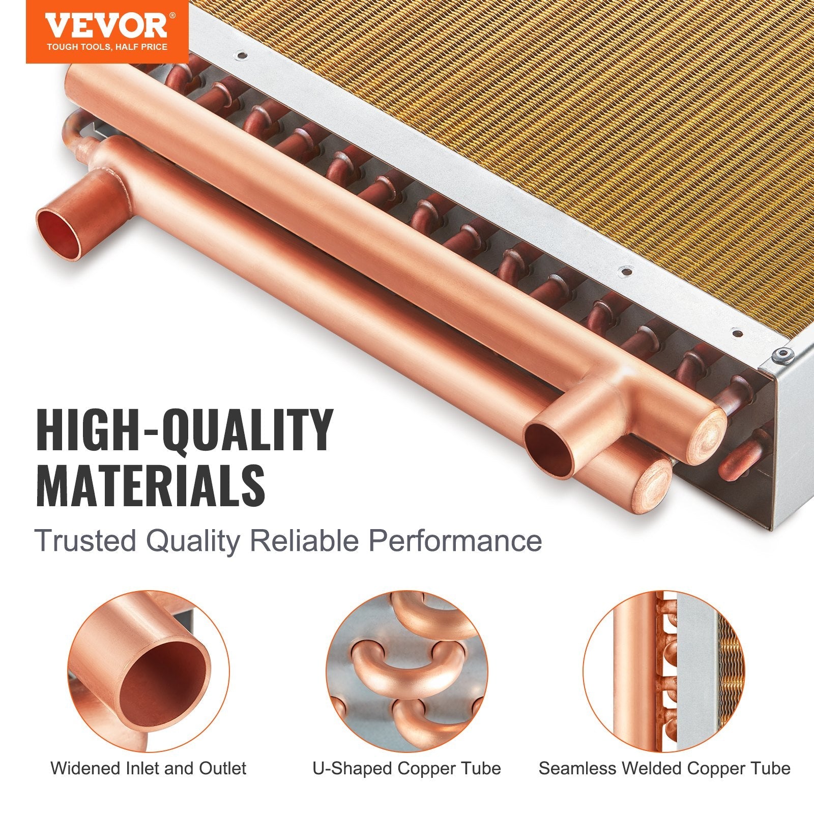 VEVOR Heat Exchanger Water to Air, 16"x 16" with 3-Row 3/8" Copper Ports, 193 Aluminum Fins Heat Exchanger for Outdoor Wood Furnaces, Residential Heating and Cooling, and Forced Air Heating 