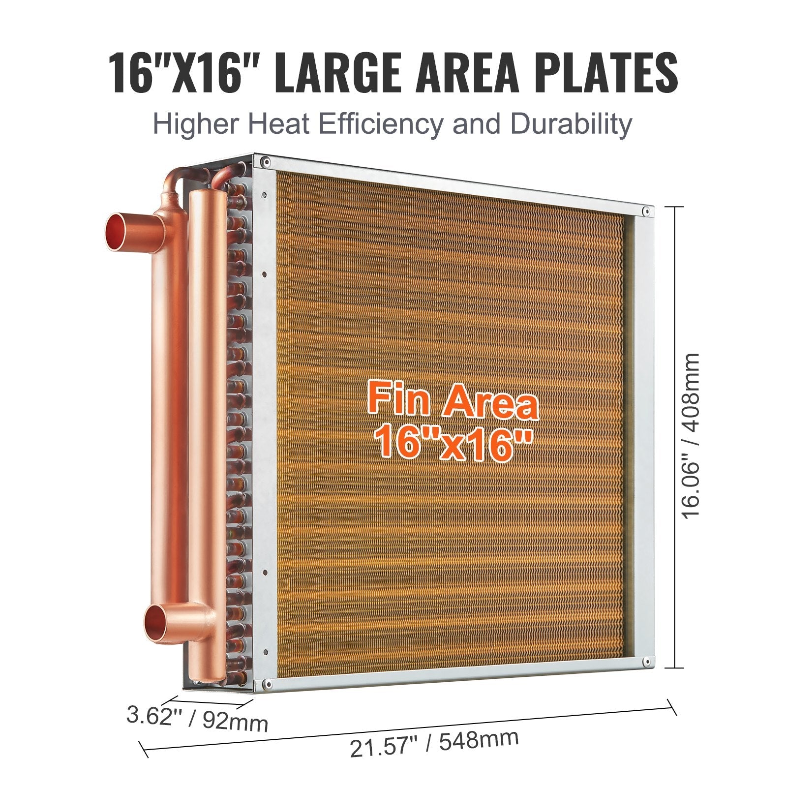 VEVOR Heat Exchanger Water to Air, 16"x 16" with 3-Row 3/8" Copper Ports, 193 Aluminum Fins Heat Exchanger for Outdoor Wood Furnaces, Residential Heating and Cooling, and Forced Air Heating 
