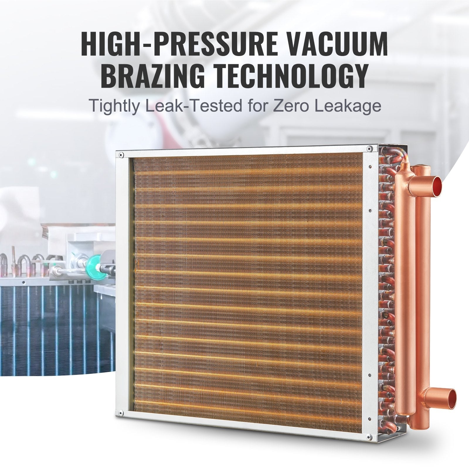 VEVOR Heat Exchanger Water to Air, 16"x 16" with 3-Row 3/8" Copper Ports, 193 Aluminum Fins Heat Exchanger for Outdoor Wood Furnaces, Residential Heating and Cooling, and Forced Air Heating 