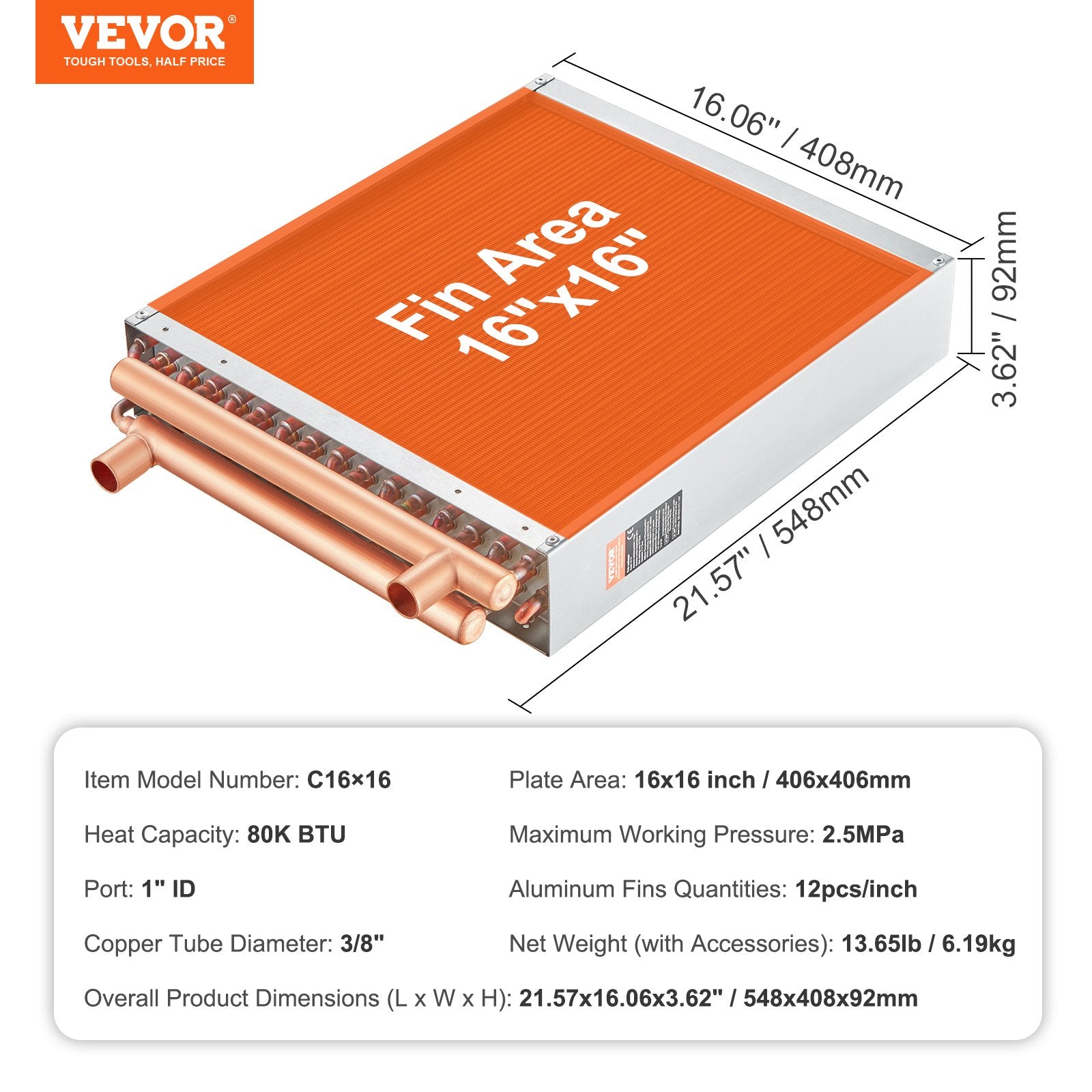 VEVOR Heat Exchanger Water to Air, 16"x 16" with 3-Row 3/8" Copper Ports, 193 Aluminum Fins Heat Exchanger for Outdoor Wood Furnaces, Residential Heating and Cooling, and Forced Air Heating 