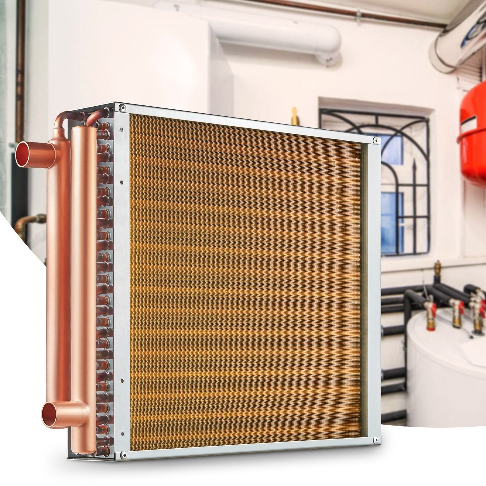VEVOR Heat Exchanger Water to Air, 16"x 16" with 3-Row 3/8" Copper Ports, 193 Aluminum Fins Heat Exchanger for Outdoor Wood Furnaces, Residential Heating and Cooling, and Forced Air Heating 
