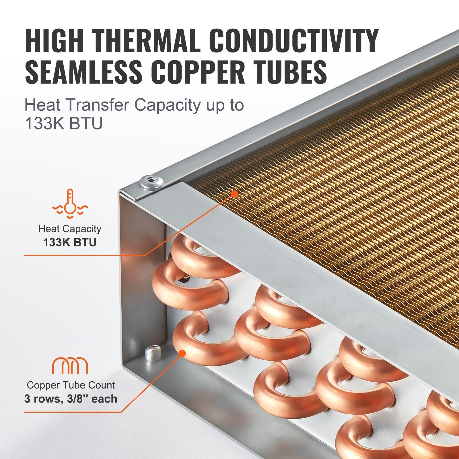 VEVOR Heat Exchanger Water to Air, 18"x 20" with 3-Row 3/8" Copper Ports, 242 Aluminum Fins Heat Exchanger for Outdoor Wood Furnaces, Residential Heating and Cooling, and Forced Air Heating 