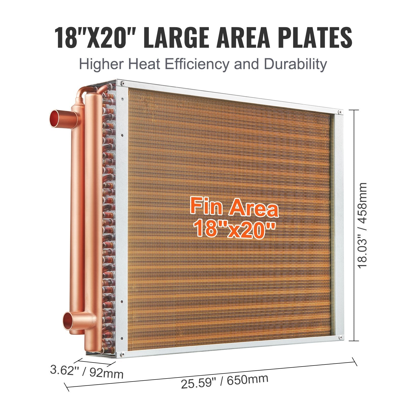 VEVOR Heat Exchanger Water to Air, 18"x 20" with 3-Row 3/8" Copper Ports, 242 Aluminum Fins Heat Exchanger for Outdoor Wood Furnaces, Residential Heating and Cooling, and Forced Air Heating 