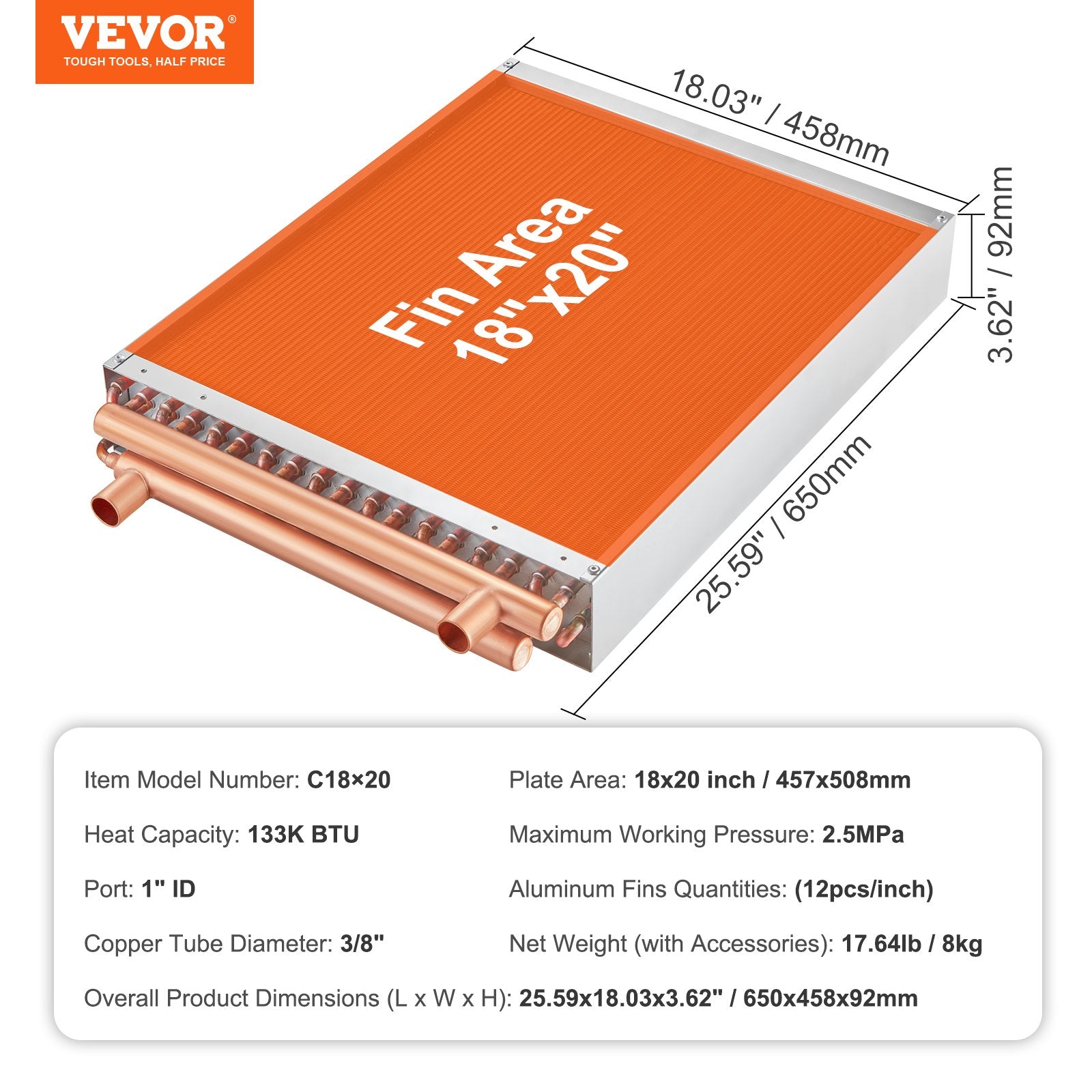 VEVOR Heat Exchanger Water to Air, 18"x 20" with 3-Row 3/8" Copper Ports, 242 Aluminum Fins Heat Exchanger for Outdoor Wood Furnaces, Residential Heating and Cooling, and Forced Air Heating 