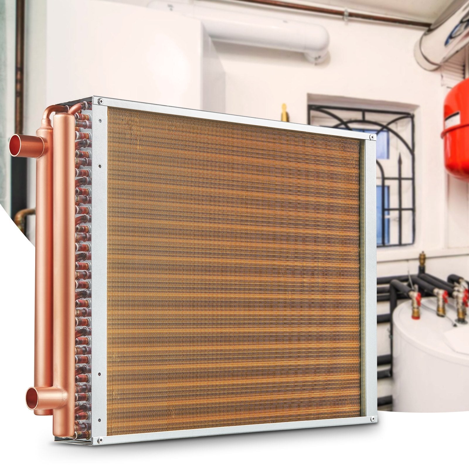 VEVOR Heat Exchanger Water to Air, 18"x 20" with 3-Row 3/8" Copper Ports, 242 Aluminum Fins Heat Exchanger for Outdoor Wood Furnaces, Residential Heating and Cooling, and Forced Air Heating 