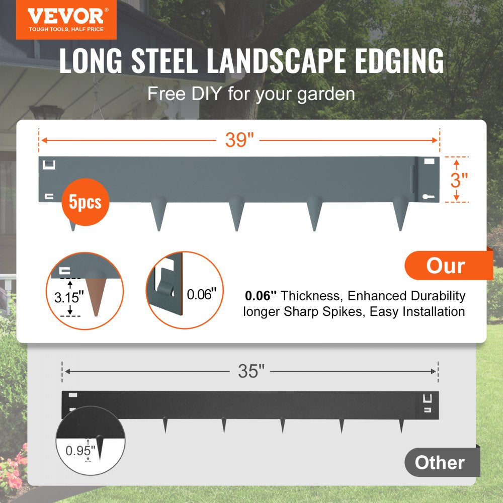 VEVOR Steel Landscape Edging, 5-pack Steel Garden Edging Borders, 39" L x 3" H Strips, Hammer-in Edging Border, Bendable Metal Landscape Edging for Yard, Garden, Lawn, 3.15" Spike Height, Dark Gray 