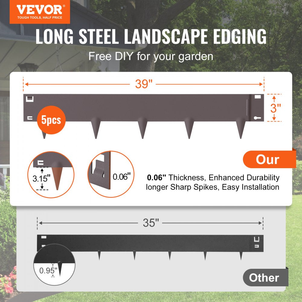VEVOR Steel Landscape Edging, 5-pack Steel Garden Edging Borders, 39" L x 3" H Strips, Hammer-in Edging Border, Bendable Metal Landscape Edging for Yard, Garden, 3.15" Spike Height, Rusty 