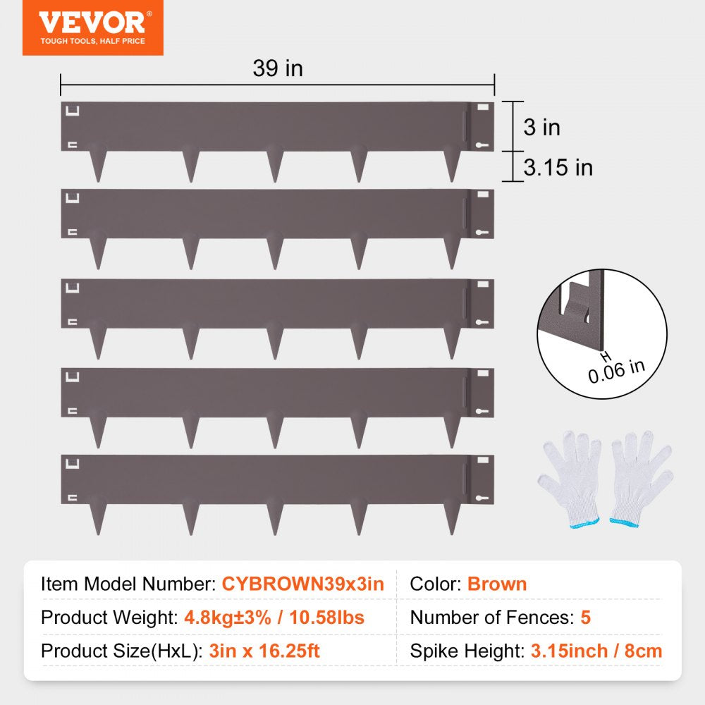 VEVOR Steel Landscape Edging, 5-pack Steel Garden Edging Borders, 39" L x 3" H Strips, Hammer-in Edging Border, Bendable Metal Landscape Edging for Yard, Garden, 3.15" Spike Height, Rusty 