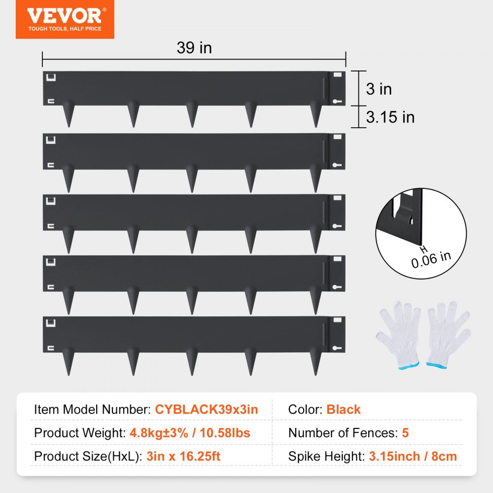 VEVOR Steel Landscape Edging, 5-pack Steel Garden Edging Borders, 39" L x 3" H Strips, Hammer-in Edging Border, Bendable Metal Landscape Edging for Yard, Garden, Lawn, 3.15" Spike Height, Black 