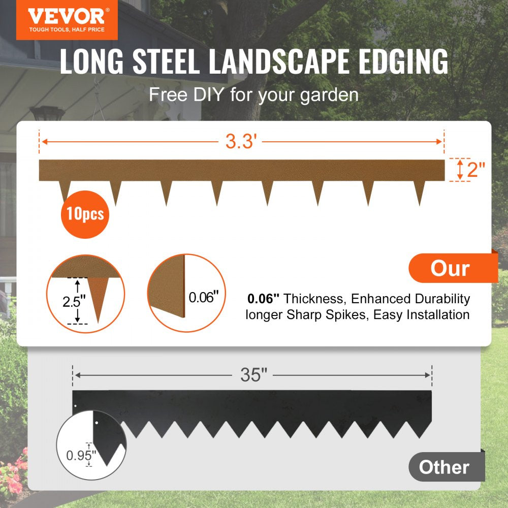 VEVOR Steel Landscape Edging, 10-pack Steel Garden Edging Borders, 39.6" L x 2" H Strips, Hammer-in Edging Border, Bendable Metal Landscape Edging for Yard, Garden, 2.5" Spike Height, Rustic Brown 