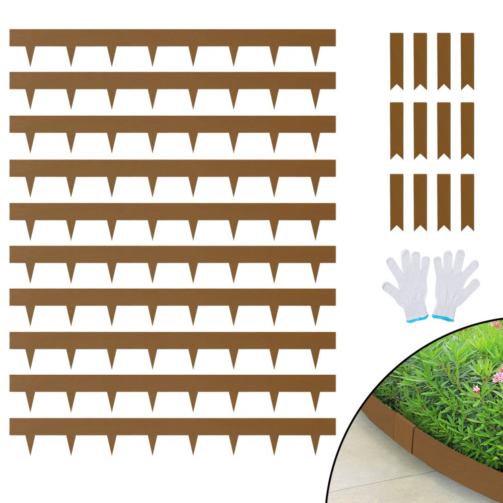 VEVOR Steel Landscape Edging, 10-pack Steel Garden Edging Borders, 39.6" L x 2" H Strips, Hammer-in Edging Border, Bendable Metal Landscape Edging for Yard, Garden, 2.5" Spike Height, Rustic Brown 