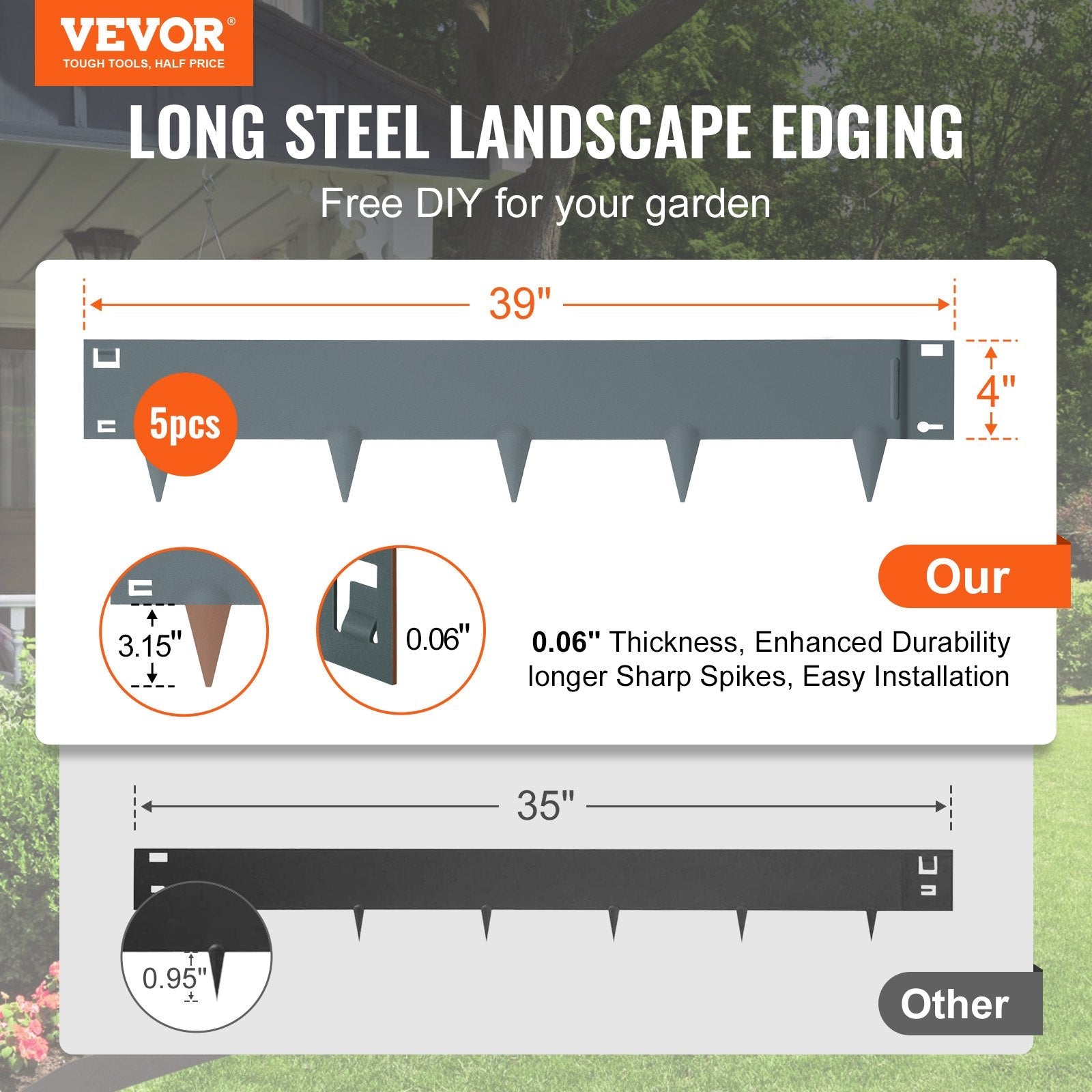 VEVOR Steel Landscape Edging, 5-pack Steel Garden Edging Borders, 39" L x 4" H Strips, Hammer-in Edging Border, Bendable Metal Landscape Edging for Yard, Garden, Lawn, 3.15" Spike Height, Dark Gray 