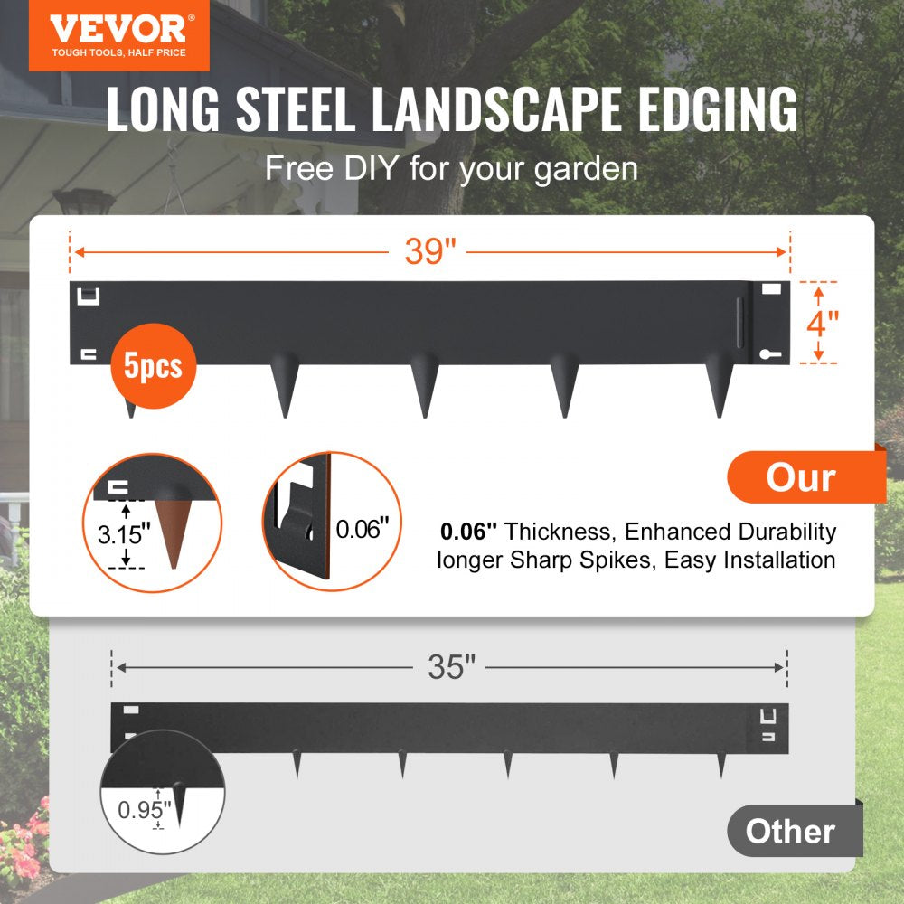 VEVOR Steel Landscape Edging, 5-pack Steel Garden Edging Borders, 39" L x 4" H Strips, Hammer-in Edging Border, Bendable Metal Landscape Edging for Yard, Garden, Lawn, 3.15" Spike Height, Black 