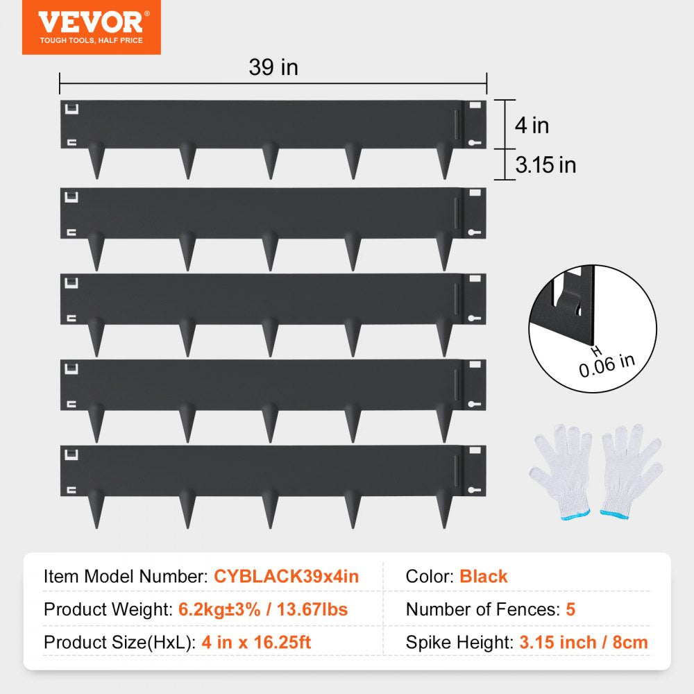 VEVOR Steel Landscape Edging, 5-pack Steel Garden Edging Borders, 39" L x 4" H Strips, Hammer-in Edging Border, Bendable Metal Landscape Edging for Yard, Garden, Lawn, 3.15" Spike Height, Black 