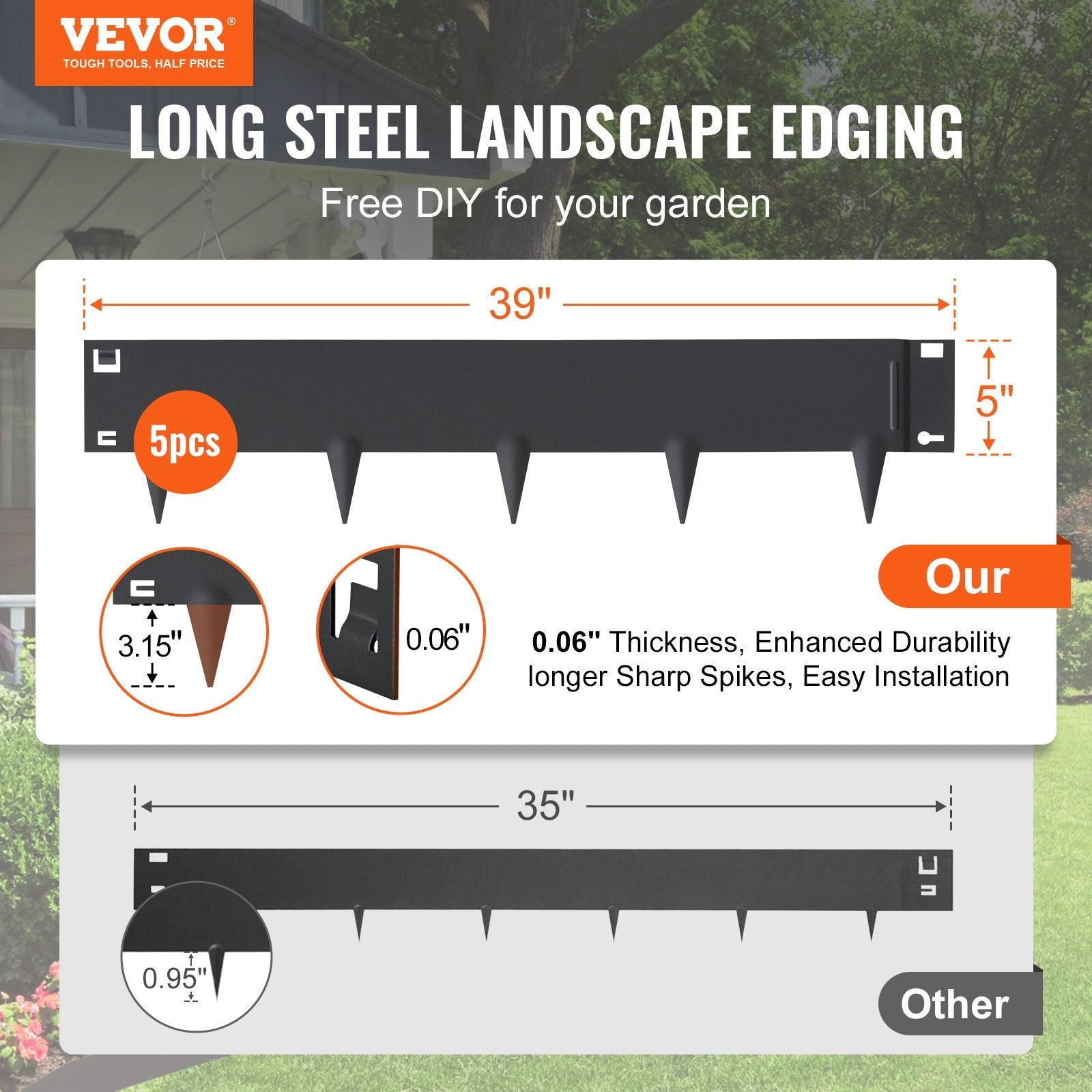 VEVOR Steel Landscape Edging, 5-pack Steel Garden Edging Borders, 39" L x 5" H Strips, Hammer-in Edging Border, Bendable Metal Landscape Edging for Yard, Garden, Lawn, 3.15" Spike Height, Black 