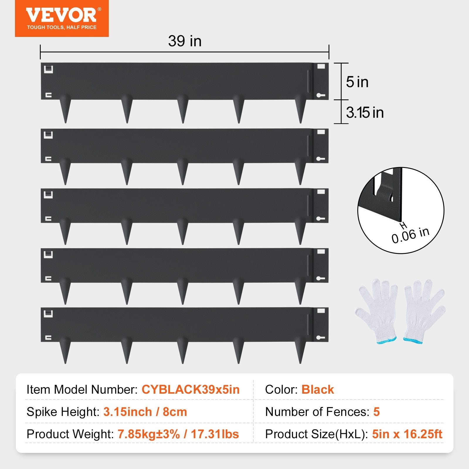 VEVOR Steel Landscape Edging, 5-pack Steel Garden Edging Borders, 39" L x 5" H Strips, Hammer-in Edging Border, Bendable Metal Landscape Edging for Yard, Garden, Lawn, 3.15" Spike Height, Black 