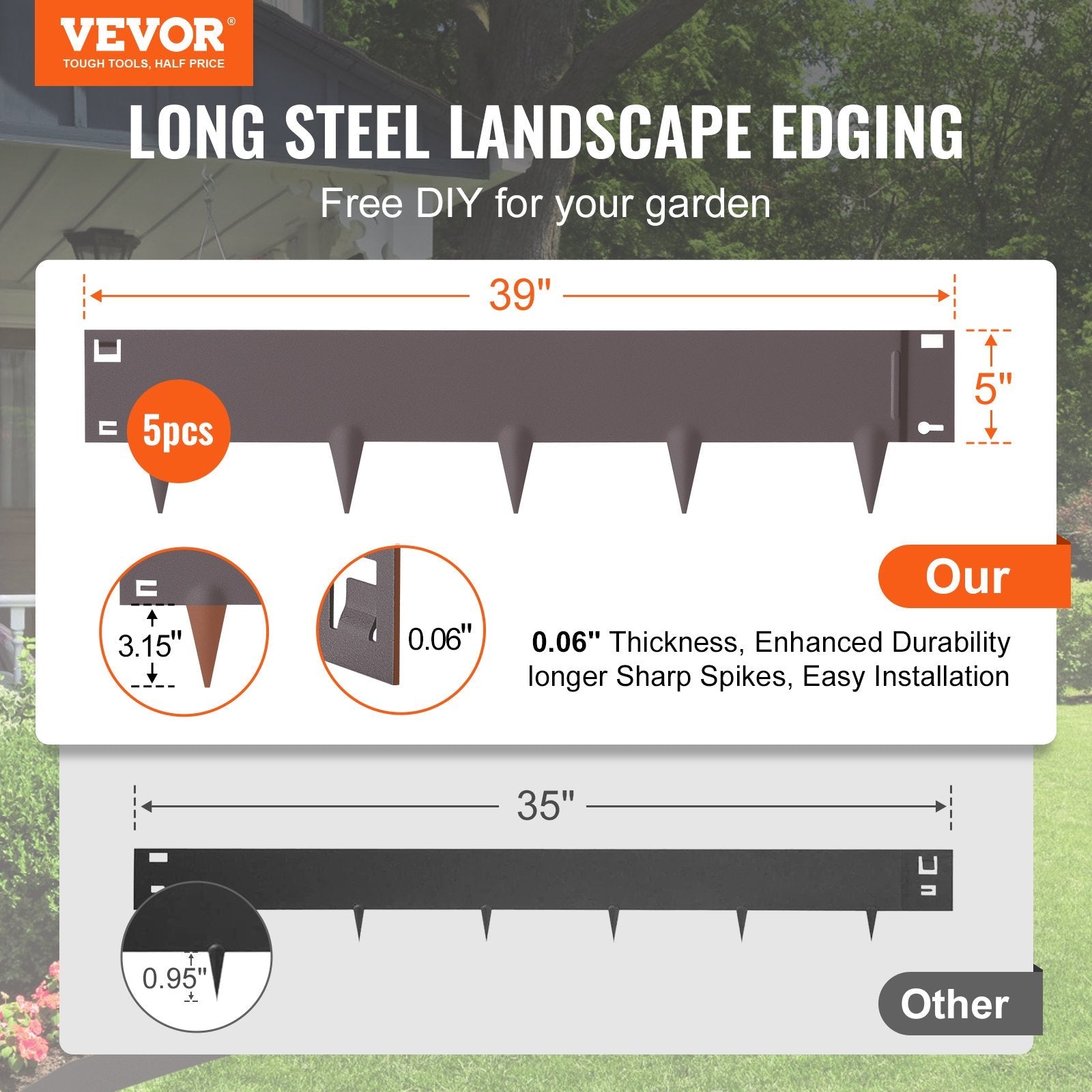 VEVOR Steel Landscape Edging, 5-pack Steel Garden Edging Borders, 39" L x 5" H Strips, Hammer-in Edging Border, Bendable Metal Landscape Edging for Yard, Garden, Lawn, 3.15" Spike Height, Rustic Brown 