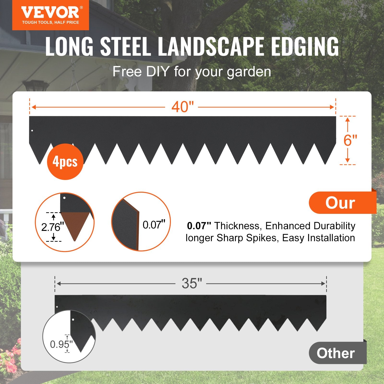 VEVOR Steel Landscape Edging, 4-pack Steel Garden Edging Borders, 40" L x 6" H Strips, Hammer-in Edging Border with 6 Clips, Bendable Metal Landscape Edging for Yard, Garden, Lawn 