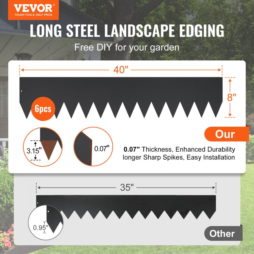 VEVOR Steel Landscape Edging, 6-pack Steel Garden Edging Borders, 40" L x 8" H Strips, Hammer-in Edging Border with 8 Clips, Bendable Metal Landscape Edging for Yard, Garden, Lawn 