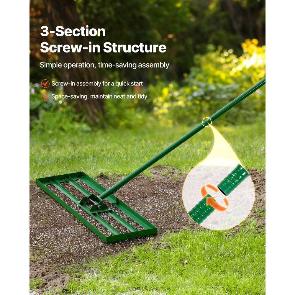 VEVOR 36" x 10" Lawn Leveling Rake with 78" Extended Handle, Heavy Duty Yard Leveler for Garden, Farm & Golf Lawns