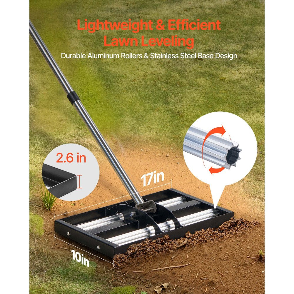 VEVOR Lawn Leveling Rake with Rollers, 17" x 10" Stainless Steel Lawn Leveler, 63.4" Adjustable Handle, Heavy-Duty Yard Leveling Tool for Lawns, Gardens, Farms & Golf Courses