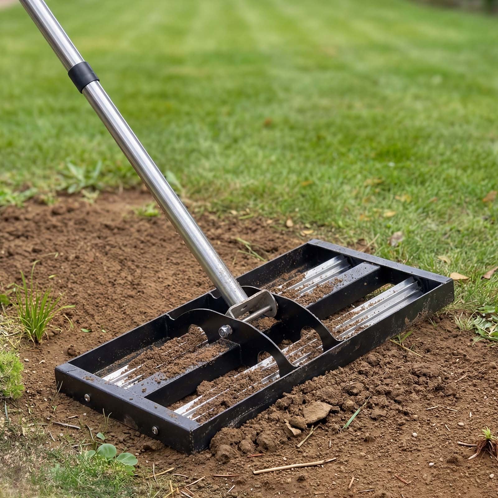 VEVOR Lawn Leveling Rake with Rollers, 17" x 10" Stainless Steel Lawn Leveler, 63.4" Adjustable Handle, Heavy-Duty Yard Leveling Tool for Lawns, Gardens, Farms & Golf Courses