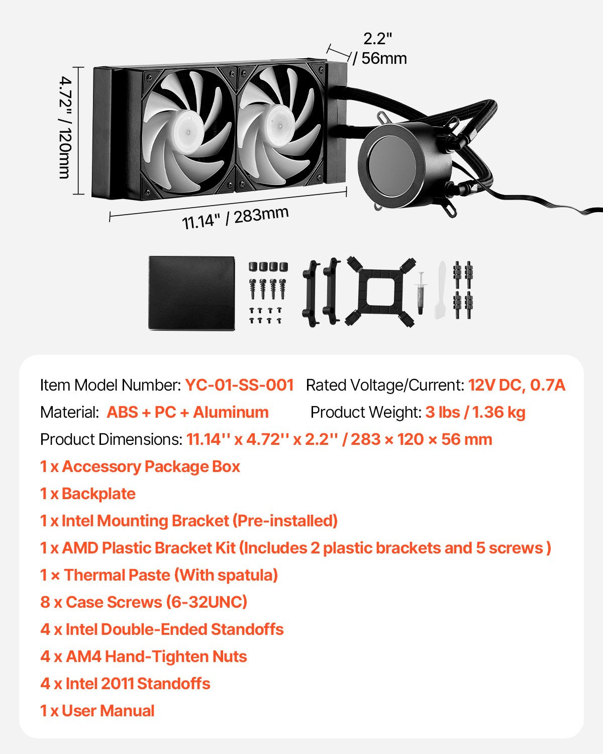 VEVOR CPU Liquid Cooler AIO CPU Water Cooler with ARGB Light & 120 mm PWN Fans 