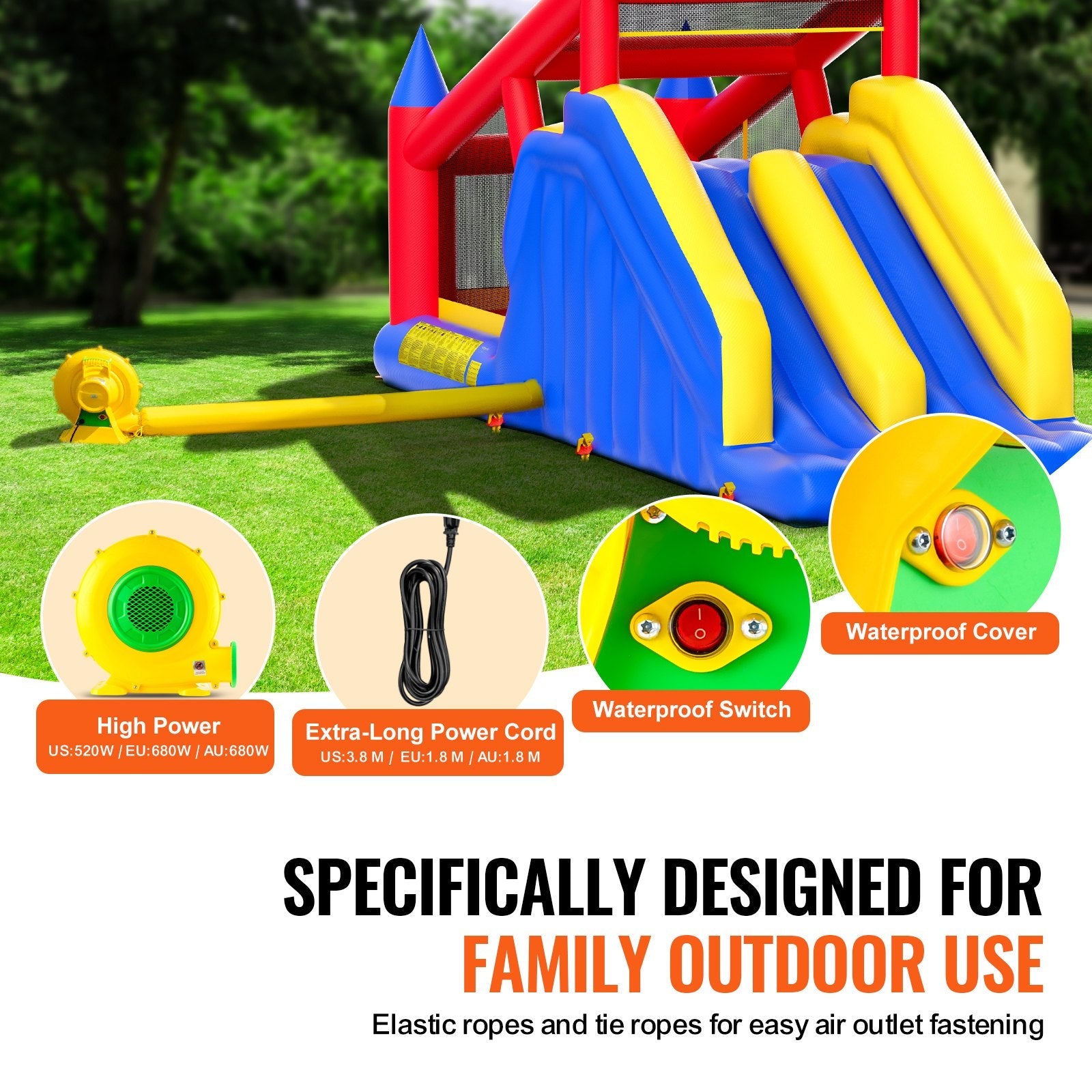 VEVOR Inflatable Bounce House, Outdoor High Quality Playhouse Trampoline, Jumping Bouncer with Blower, Slide, and Storage Bag, Family Backyard Bouncy Castle, for Kid Ages 3–8 Years, 183x102x92 inch 