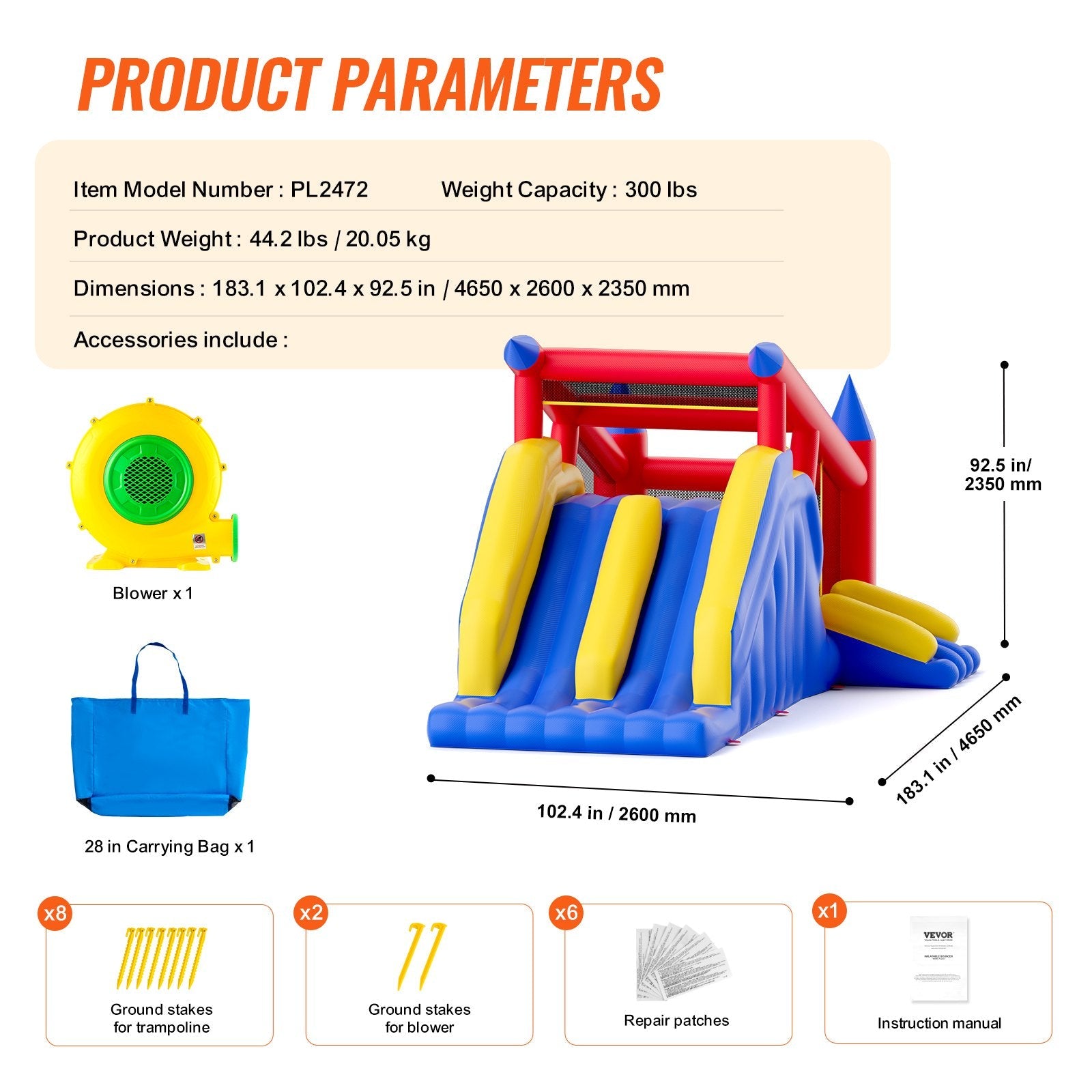 VEVOR Inflatable Bounce House, Outdoor High Quality Playhouse Trampoline, Jumping Bouncer with Blower, Slide, and Storage Bag, Family Backyard Bouncy Castle, for Kid Ages 3–8 Years, 183x102x92 inch 