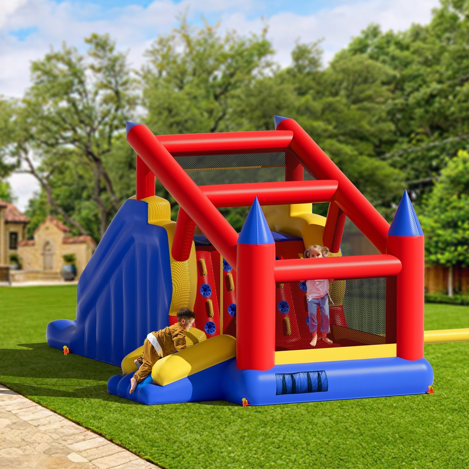 VEVOR Inflatable Bounce House, Outdoor High Quality Playhouse Trampoline, Jumping Bouncer with Blower, Slide, and Storage Bag, Family Backyard Bouncy Castle, for Kid Ages 3–8 Years, 183x102x92 inch 