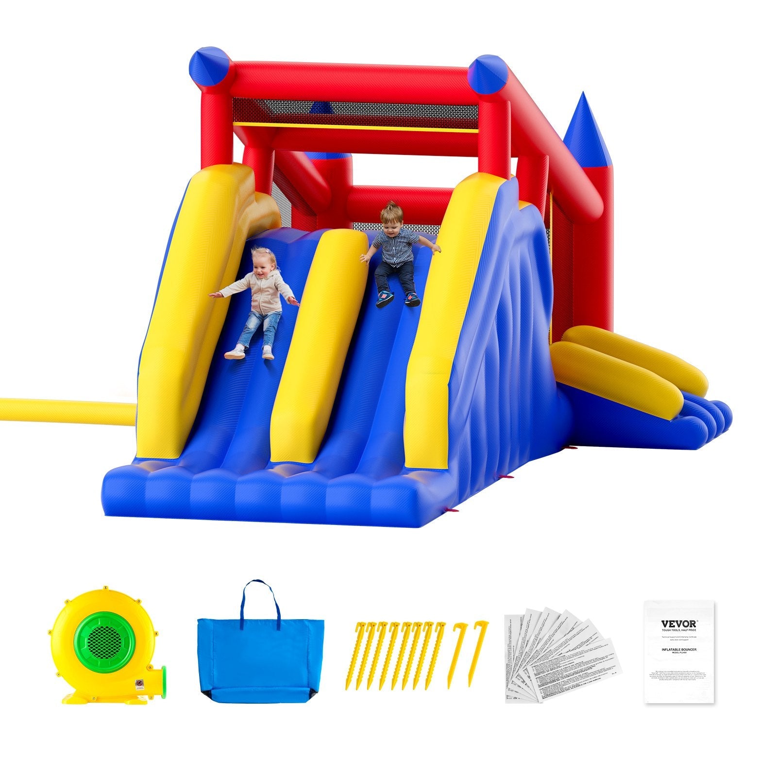 VEVOR Inflatable Bounce House, Outdoor High Quality Playhouse Trampoline, Jumping Bouncer with Blower, Slide, and Storage Bag, Family Backyard Bouncy Castle, for Kid Ages 3–8 Years, 183x102x92 inch 