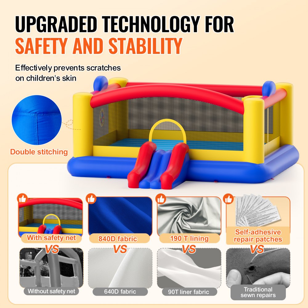 VEVOR Inflatable Bounce House, Outdoor High Quality Playhouse Trampoline, Jumping Bouncer with Blower, Slide, and Storage Bag, Family Backyard Bouncy Castle, for Kid Ages 3–10 Years, 177x173x80 inch 