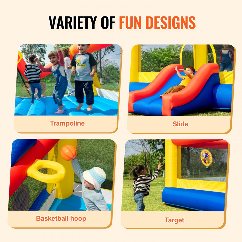 VEVOR Inflatable Bounce House, Outdoor High Quality Playhouse Trampoline, Jumping Bouncer with Blower, Slide, and Storage Bag, Family Backyard Bouncy Castle, for Kid Ages 3–10 Years, 177x173x80 inch 