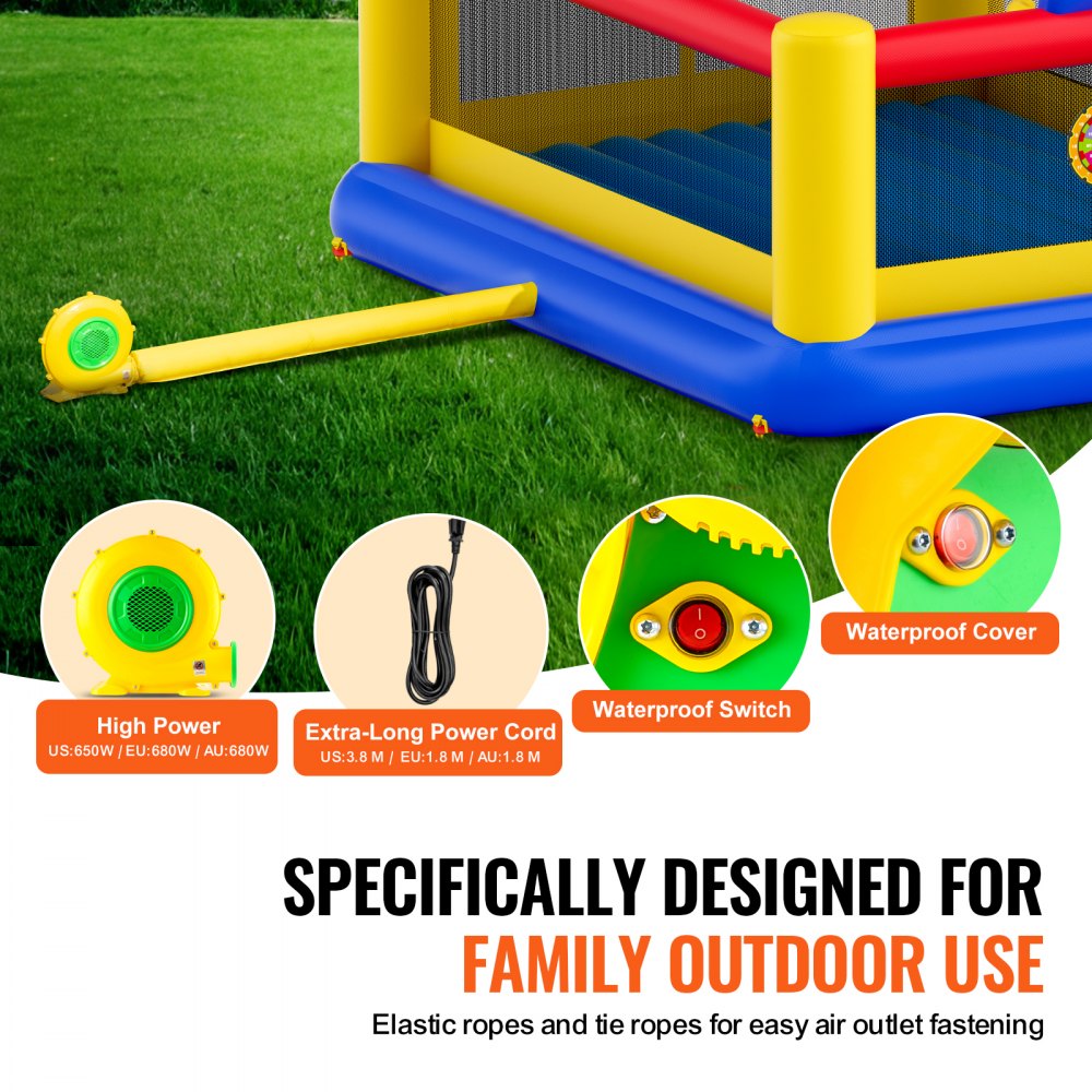 VEVOR Inflatable Bounce House, Outdoor High Quality Playhouse Trampoline, Jumping Bouncer with Blower, Slide, and Storage Bag, Family Backyard Bouncy Castle, for Kid Ages 3–10 Years, 177x173x80 inch 