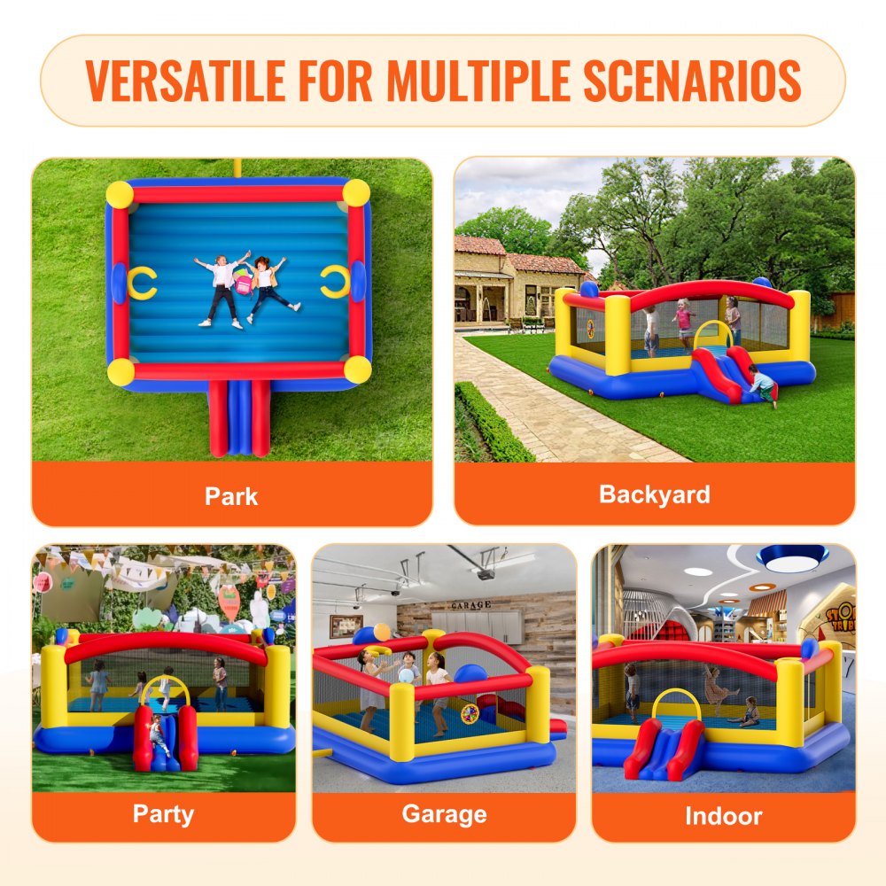 VEVOR Inflatable Bounce House, Outdoor High Quality Playhouse Trampoline, Jumping Bouncer with Blower, Slide, and Storage Bag, Family Backyard Bouncy Castle, for Kid Ages 3–10 Years, 177x173x80 inch 