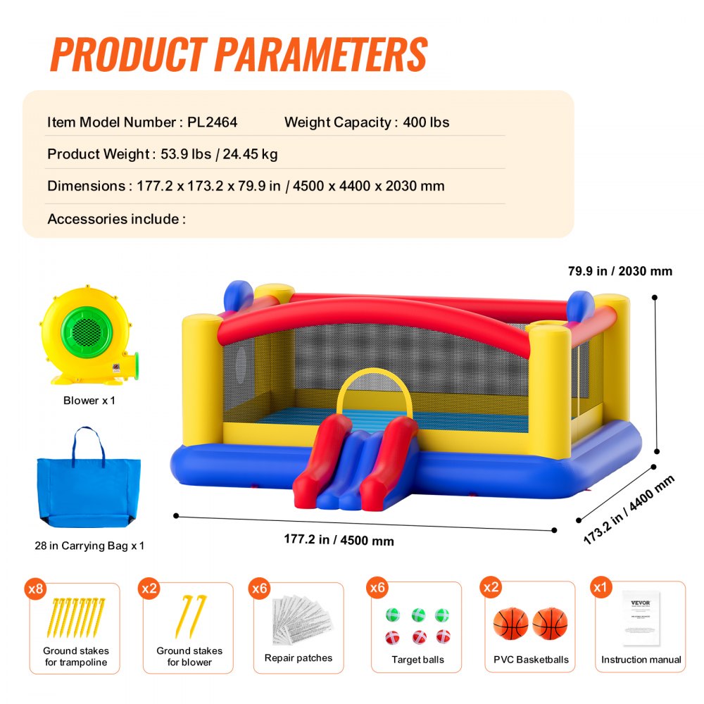 VEVOR Inflatable Bounce House, Outdoor High Quality Playhouse Trampoline, Jumping Bouncer with Blower, Slide, and Storage Bag, Family Backyard Bouncy Castle, for Kid Ages 3–10 Years, 177x173x80 inch 