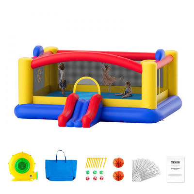 VEVOR Inflatable Bounce House, Outdoor High Quality Playhouse Trampoline, Jumping Bouncer with Blower, Slide, and Storage Bag, Family Backyard Bouncy Castle, for Kid Ages 3–10 Years, 177x173x80 inch 