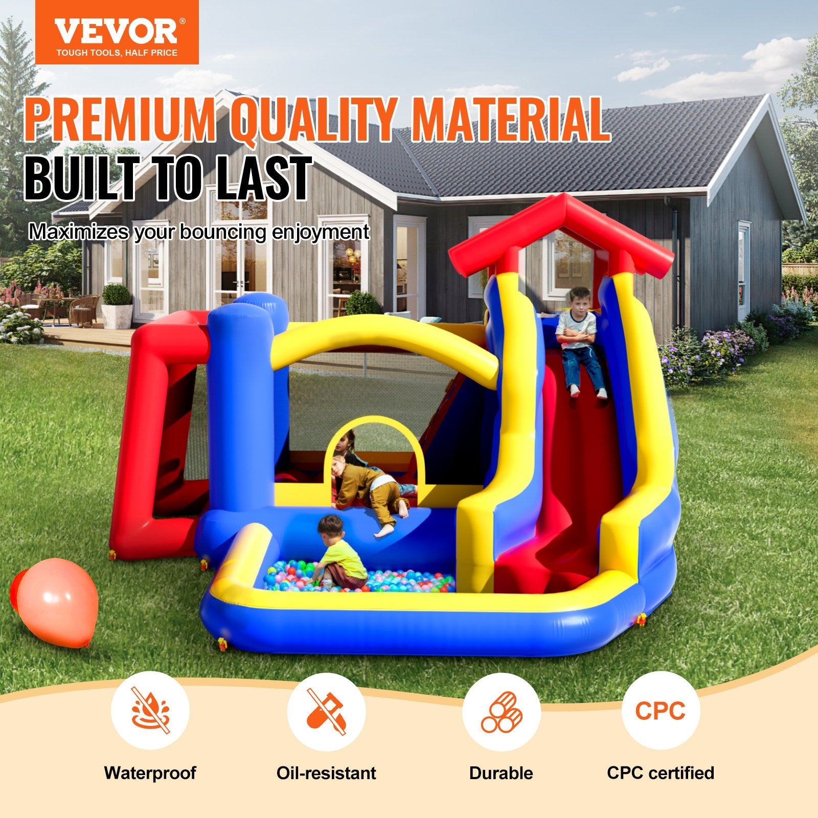 VEVOR Inflatable Bounce House, Outdoor High Quality Playhouse Trampoline, Jumping Bouncer with Blower, Slide, and Storage Bag, Family Backyard Bouncy Castle, for Kid Ages 3–8 Years, 131x133x91 inch 