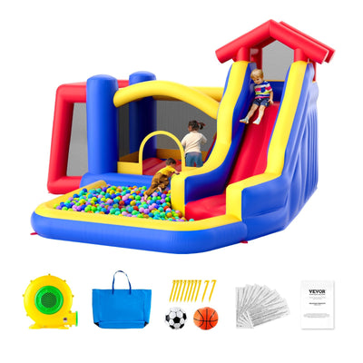 VEVOR Inflatable Bounce House, Outdoor High Quality Playhouse Trampoline, Jumping Bouncer with Blower, Slide, and Storage Bag, Family Backyard Bouncy Castle, for Kid Ages 3–8 Years, 131x133x91 inch 