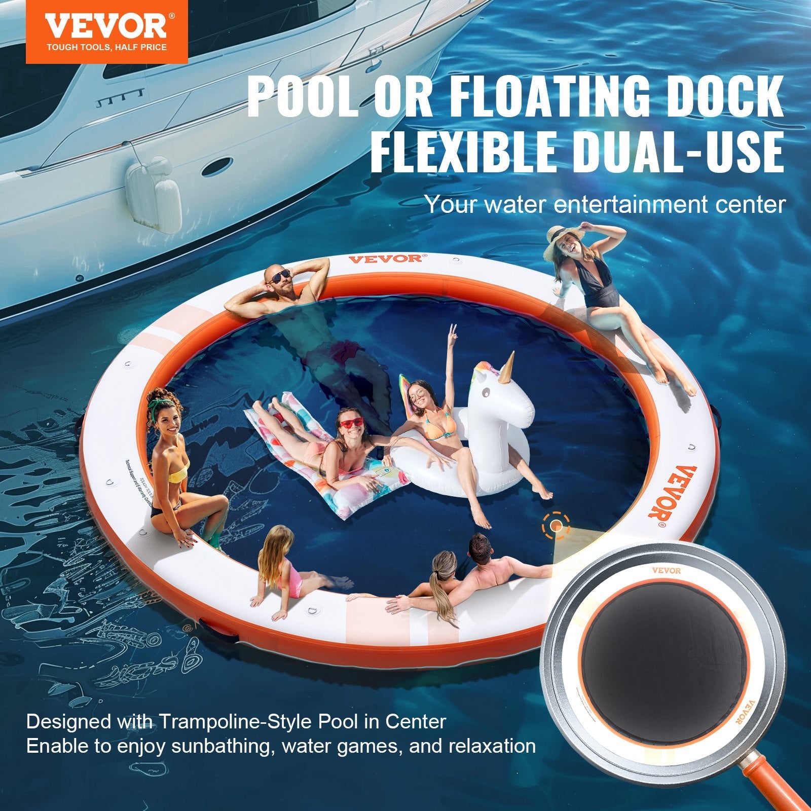VEVOR Inflatable Floating Dock, ø10FT Inflatable Dock Platform with ø8FT Trampoline Mesh Pool, Non-Slip Floating Platform Water Mat with Portable Bag & Detachable Ladder for Pool Beach Relaxation 
