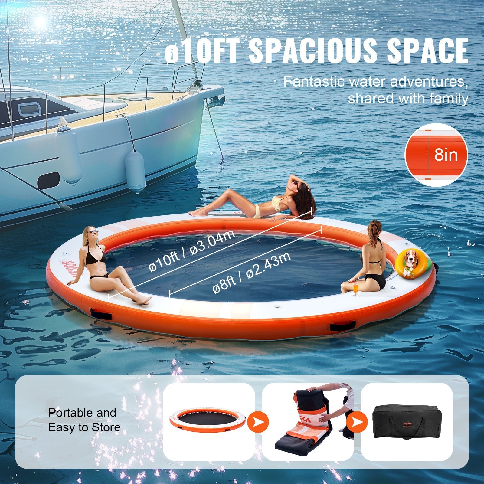 VEVOR Inflatable Floating Dock, ø10FT Inflatable Dock Platform with ø8FT Trampoline Mesh Pool, Non-Slip Floating Platform Water Mat with Portable Bag & Detachable Ladder for Pool Beach Relaxation 