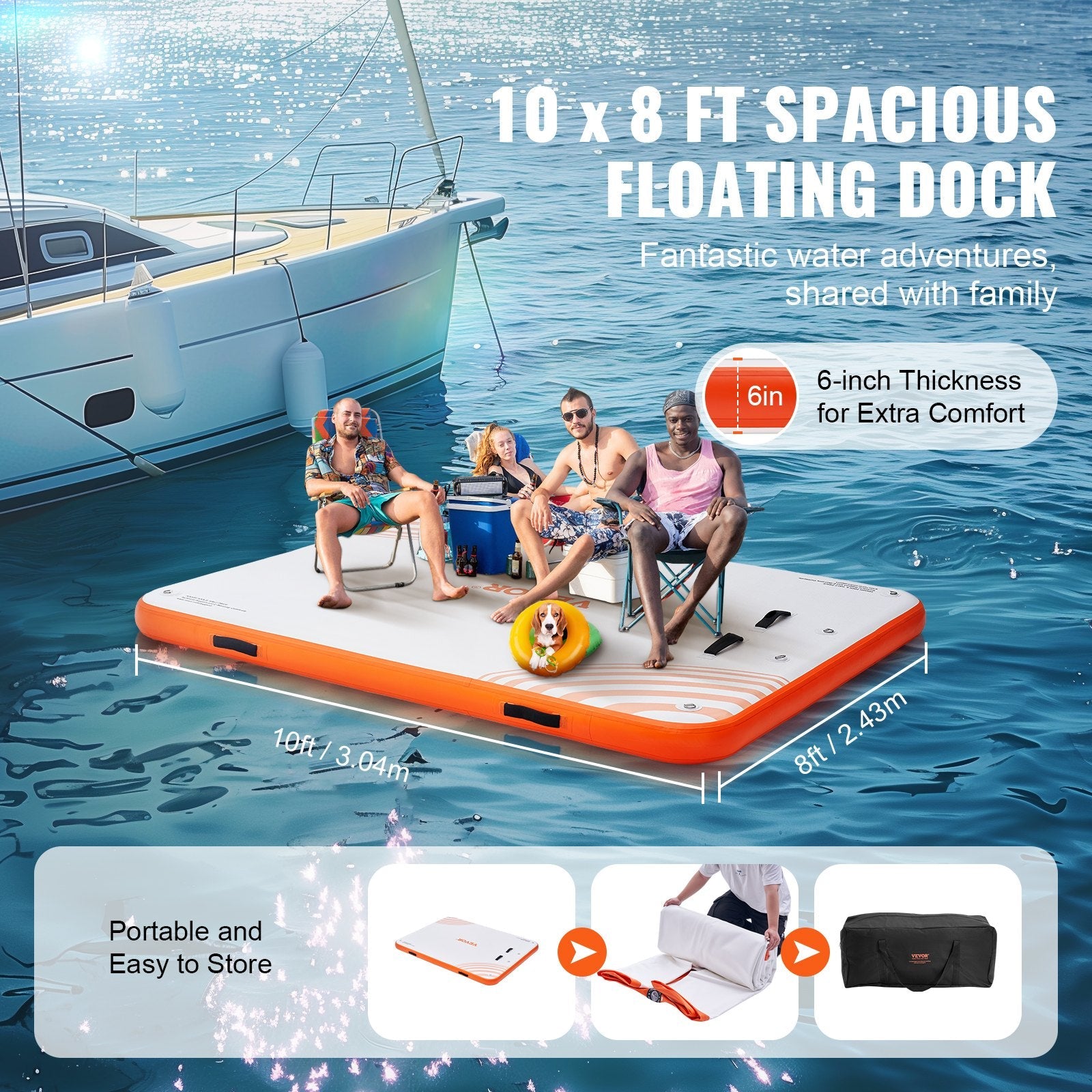 VEVOR Inflatable Floating Dock, 10 x 8FT Inflatable Dock Platform, Non-Slip Water Floating Dock Mat with Portable Carrying Bag & Detachable Ladder, Floating Platform Island Raft for Pool Beach Ocean 
