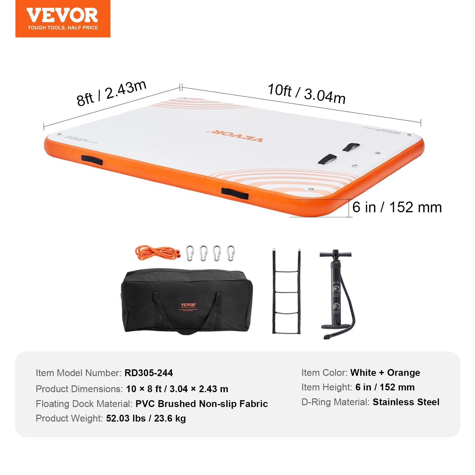VEVOR Inflatable Floating Dock, 10 x 8FT Inflatable Dock Platform, Non-Slip Water Floating Dock Mat with Portable Carrying Bag & Detachable Ladder, Floating Platform Island Raft for Pool Beach Ocean 