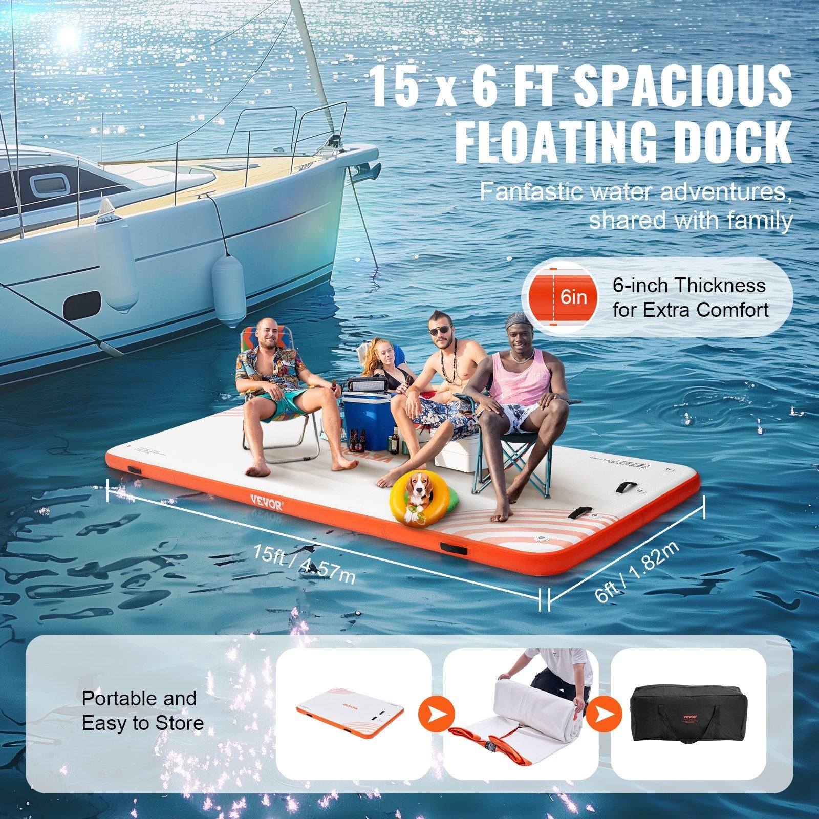 VEVOR Inflatable Floating Dock, 15 x 6FT Inflatable Dock Platform, Non-Slip Water Floating Dock Mat with Detachable Ladder & Portable Carrying Bag, Floating Platform Island Raft for Ocean Pool Beach 