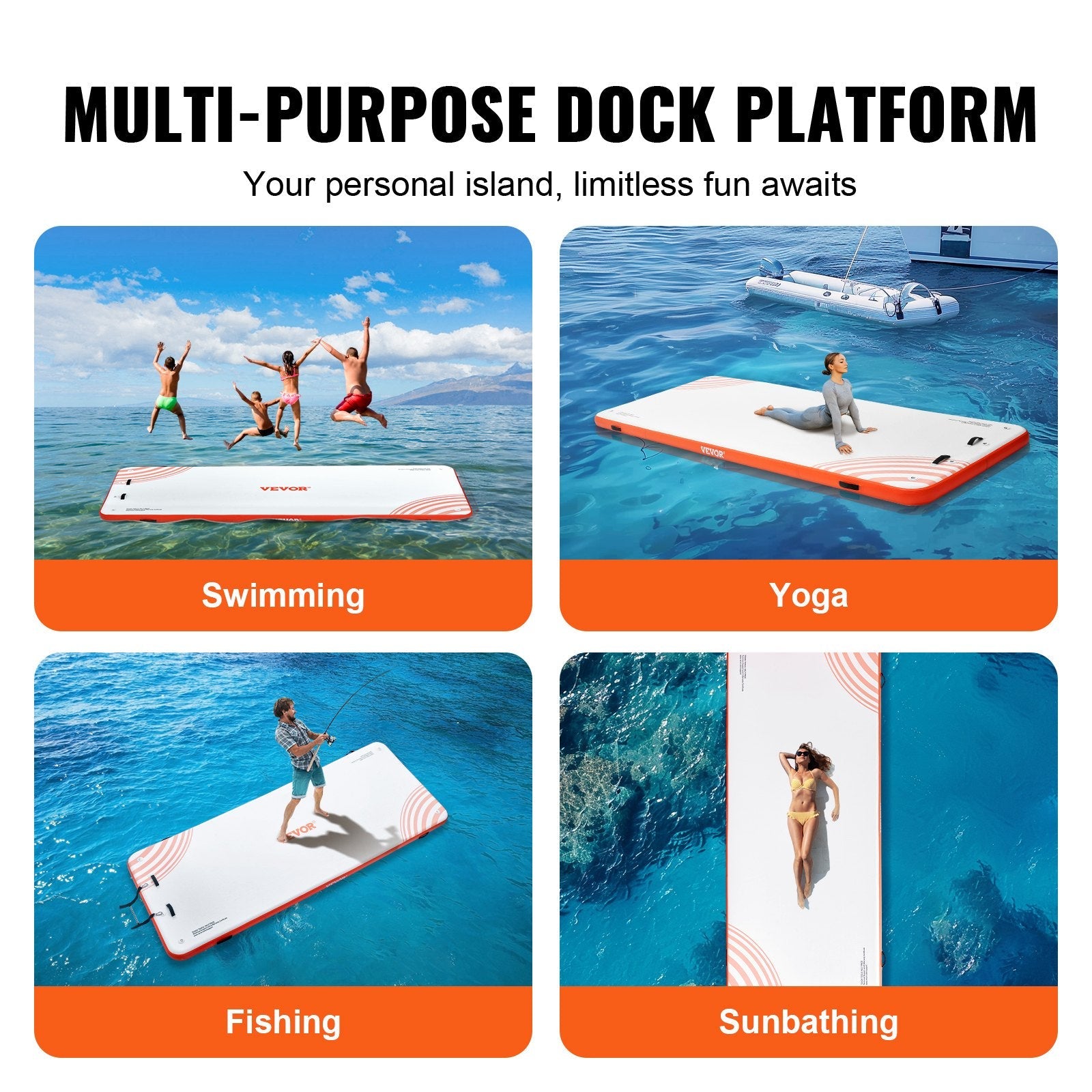 VEVOR Inflatable Floating Dock, 15 x 6FT Inflatable Dock Platform, Non-Slip Water Floating Dock Mat with Detachable Ladder & Portable Carrying Bag, Floating Platform Island Raft for Ocean Pool Beach 